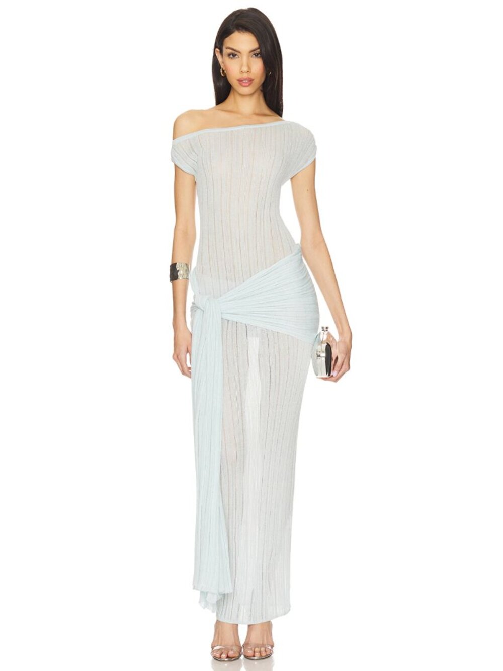 NEW Camila Coelho Callie Sheer Midi Knit Dress in Powder Light Blue Large